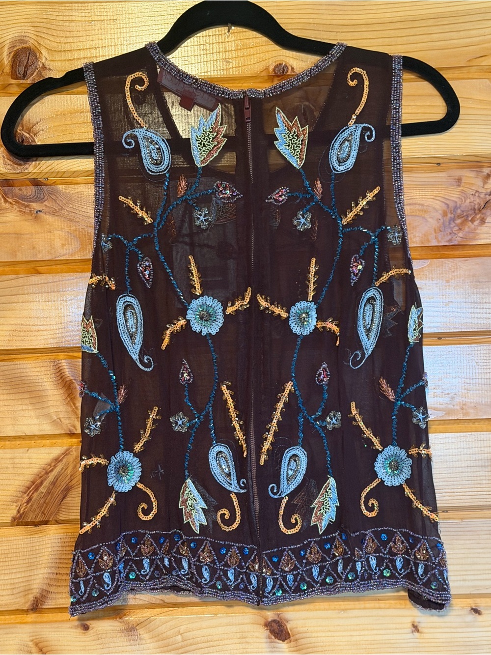 Aftershock Brown Beaded & Embroidered Floral Paisley Silk Top Size Large - Picture 3 of 6